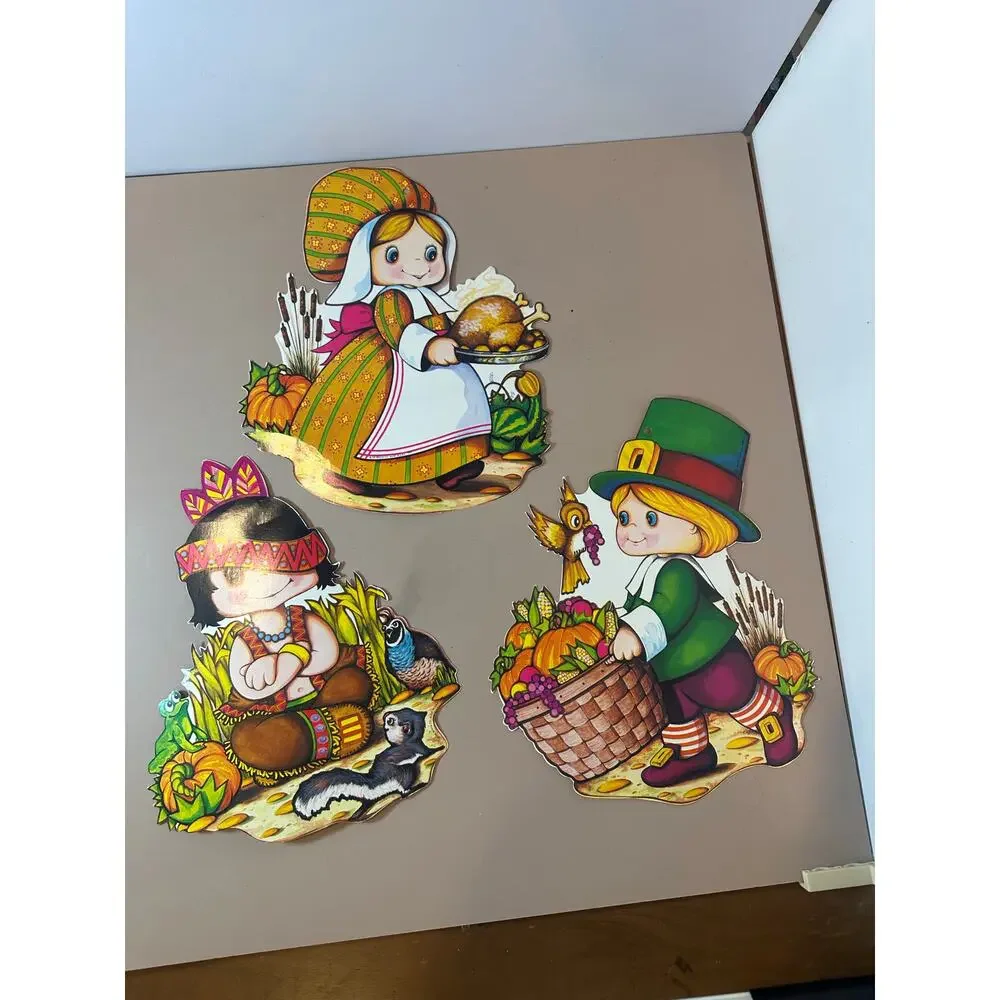 Lot of 3 Thanksgiving Die Cut Window Decorations Pilgrim Indian Beistle 1978